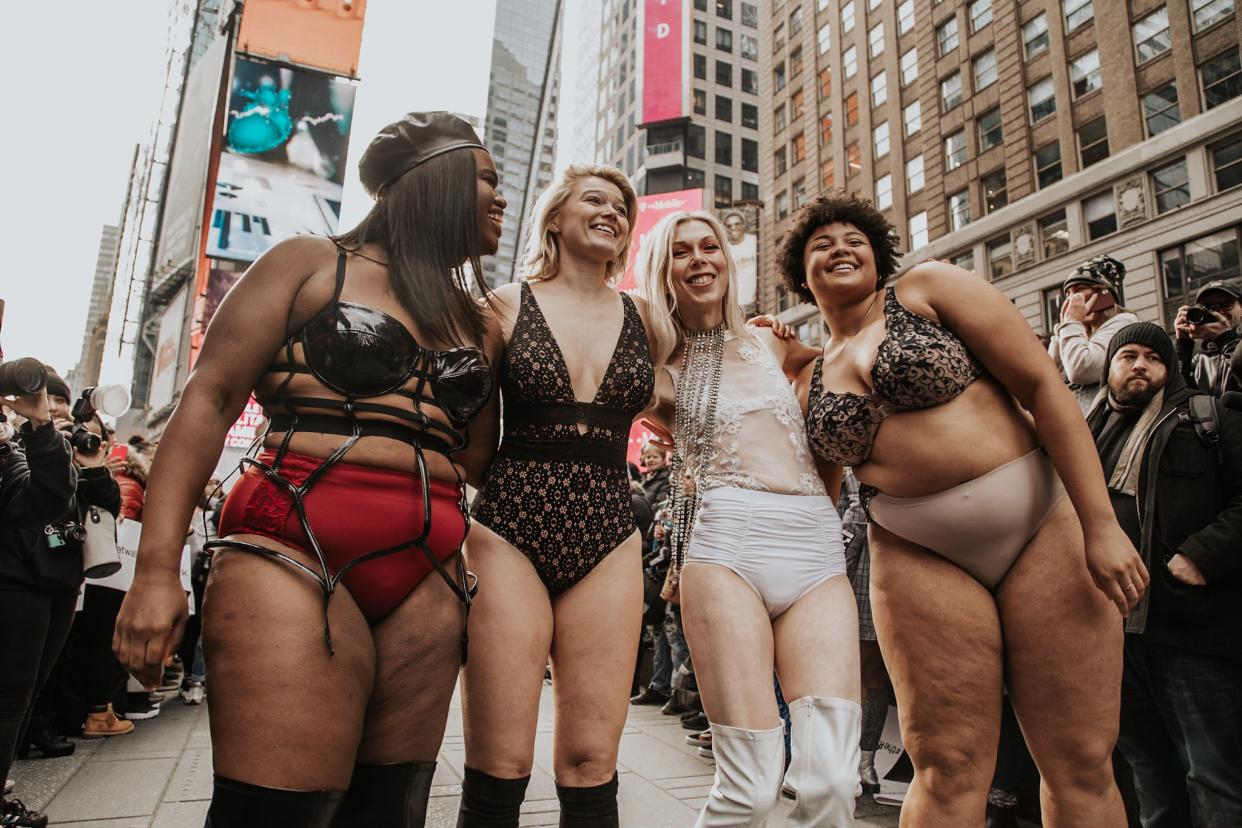 Khrystyana Kazakova (second from left) and other participants at the Real Catwalk, an inclusive fashion show in Times Square, New York City. (Photo: Holly Grace Jamili/The Real Catwalk)