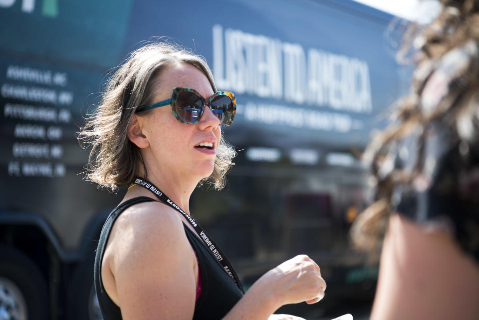 Hillary Frey, HuffPost's director of editorial strategy, works during the HuffPost visit to Little Rock.