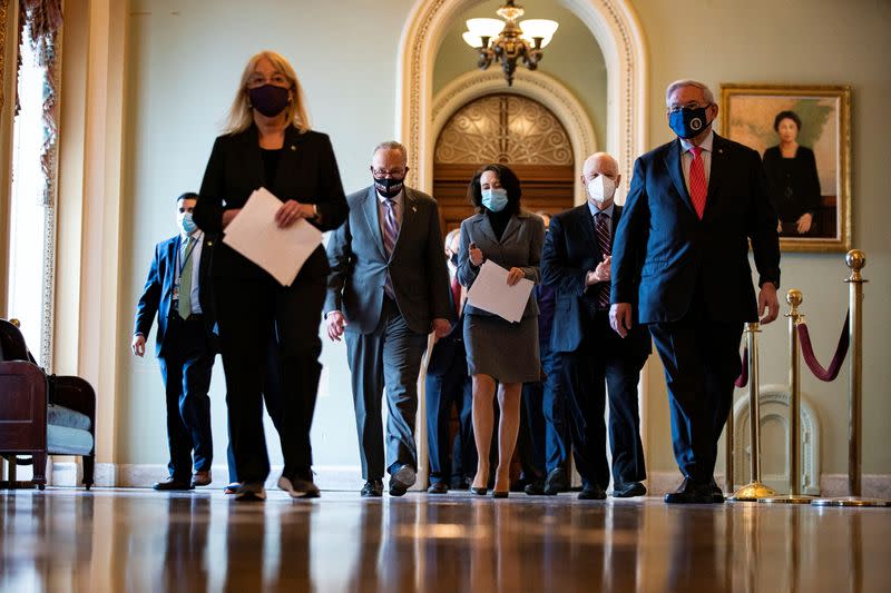 U.S. Senate Majority Leader Schumer arrives for a news conference with fellow Senate Democrats at the U.S. Capitol