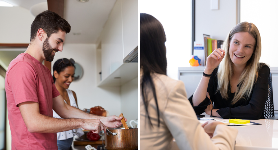 Composite image of a young couple in a kitchen, and two female office workers smiling and negotiating.