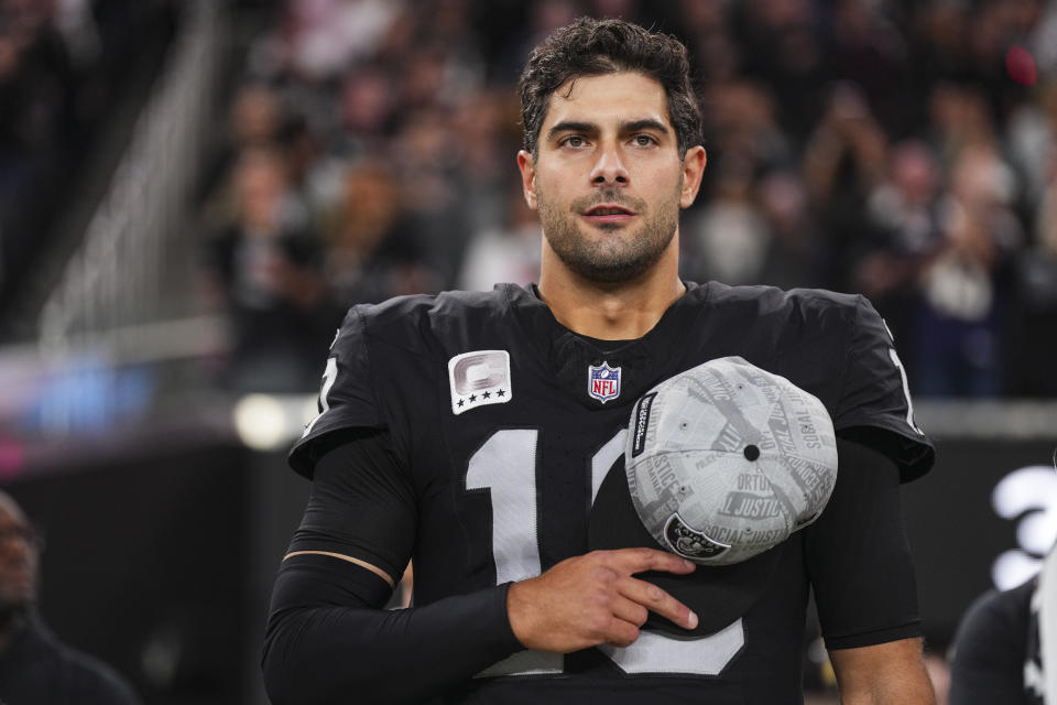  Los Angeles Rams LAS VEGAS, NV - DECEMBER 14: Jimmy Garoppolo #10 of the Las Vegas Raiders looks on from the sideline prior to an NFL football game against the Los Angeles Chargers at Allegiant Stadium on December 14, 2023 in Las Vegas, Nevada. (Photo by Cooper Neill/Getty Images)