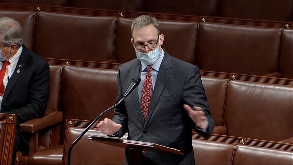 In this image from video, Rep. Scott Perry, R-Pa., speaks as the House debates the objection to confirming the Electoral College vote from Pennsylvania at the U.S. Capitol early Thursday, Jan. 7, 2021.