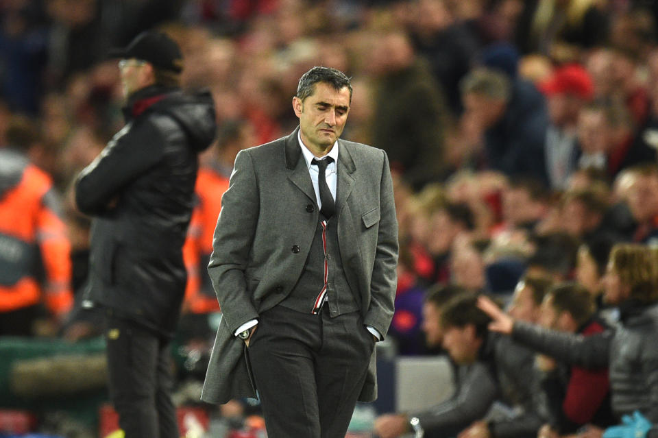 TOPSHOT - Barcelona's Spanish coach Ernesto Valverde reacts during the UEFA Champions league semi-final second leg football match between Liverpool and Barcelona at Anfield in Liverpool, north west England on May 7, 2019. (Photo by Oli SCARFF / AFP)        (Photo credit should read OLI SCARFF/AFP/Getty Images)