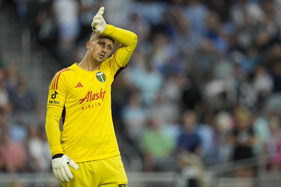 Portland Timbers goalkeeper Aljaz Ivacic reacts during the second half of a MLS soccer match against Minnesota United, Saturday, July 1, 2023, in St. Paul, Minn. (AP Photo/Abbie Parr)