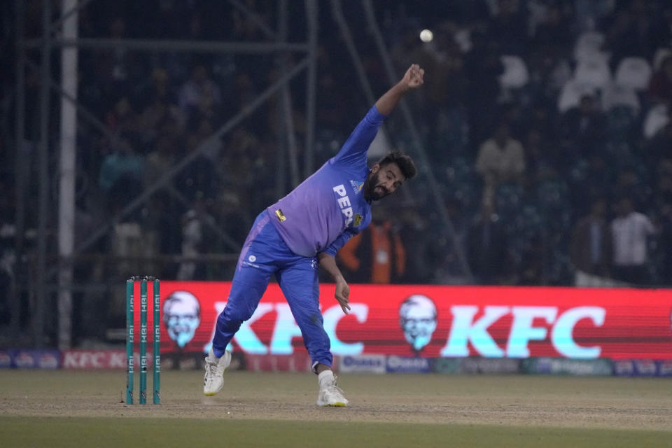 Multan Sultans' Usama Mir bowls during the Pakistan Super League T20 cricket match between Multan Sultan and Lahore Qalandars, in Lahore, Pakistan, Tuesday, Feb. 27, 2024. (AP Photo/K.M. Chaudary)