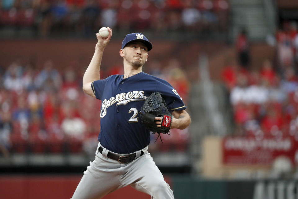 Milwaukee Brewers starting pitcher Zach Davies throws during the first inning of a baseball game against the St. Louis Cardinals, Monday, Aug. 19, 2019, in St. Louis. (AP Photo/Jeff Roberson)