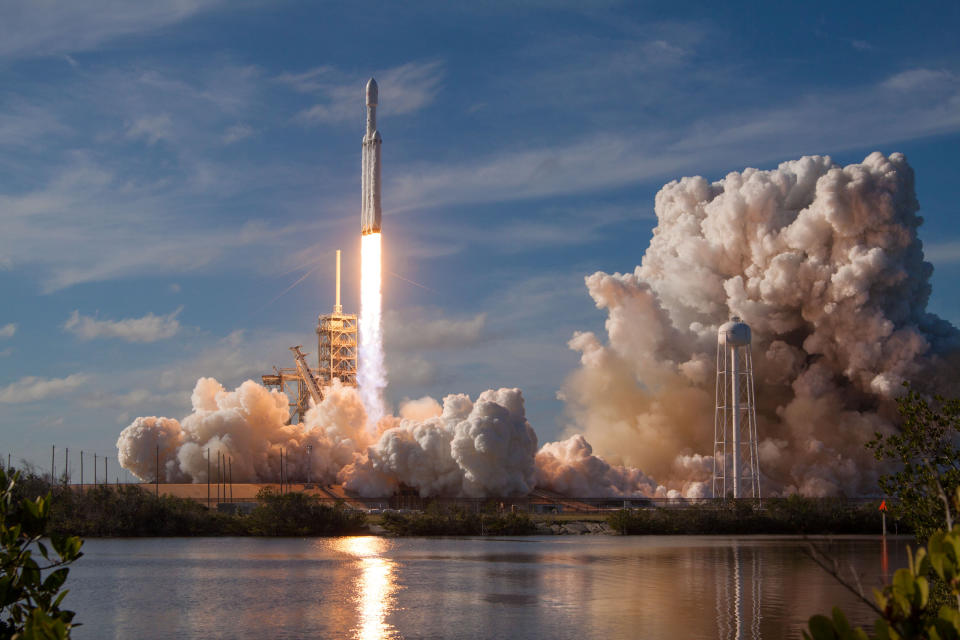 A SpaceX Falcon Heavy rocket lifts off from historic launch pad 39-A at the Kennedy Space Center in Cape Canaveral, Florida, U.S., February 6, 2018. [SpaceX/Handout via REUTERS] <a href="https://finance.yahoo.com/news/spacex-launch-worlds-powerful-rocket-163547664.html" data-ylk="slk:Read more about the successful launch of the rocket;elm:context_link;itc:0;sec:content-canvas;outcm:mb_qualified_link;_E:mb_qualified_link;ct:story;" class="link  yahoo-link">Read more about the successful launch of the rocket</a>.