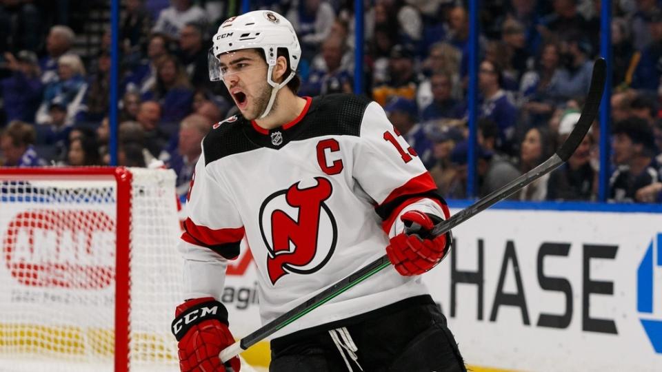 Mar 19, 2023;  Tampa, Florida, USA;  New Jersey Devils center Nico Hischier (13) at Amalie Arena.