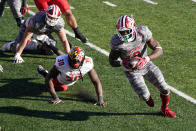 Indiana running back Stevie Scott III (8) runs past Maryland's Durell Nchami (30) for a touchdown during the second half of an NCAA college football game, Saturday, Nov. 28, 2020, in Bloomington, Ind. Indiana won 27-11. (AP Photo/Darron Cummings)