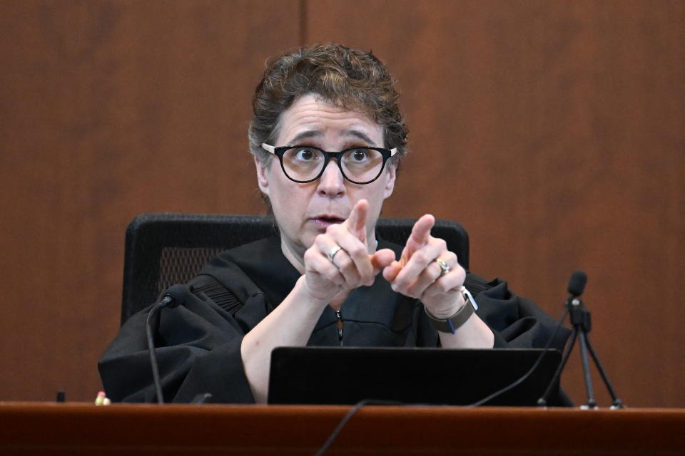 Judge Penney Azcarate speaks during a hearing at the Fairfax County Circuit Court in Fairfax, Va., Tuesday May 3, 2022. Actor Johnny Depp sued his ex-wife Amber Heard for libel in Fairfax County Circuit Court after she wrote an op-ed piece in The Washington Post in 2018 referring to herself as a "public figure representing domestic abuse." (Jim Watson/Pool photo via AP)