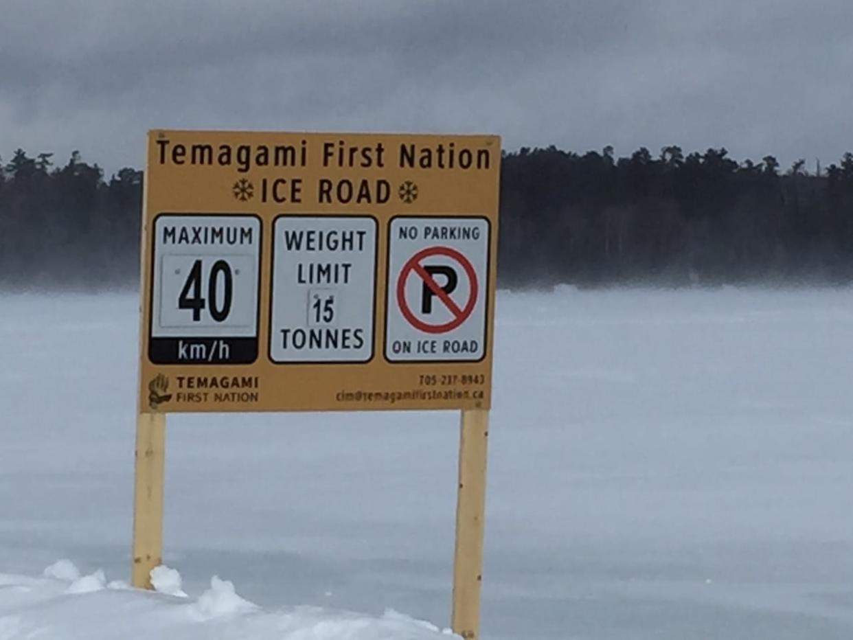 The ice road across Lake Temagami to the First Nation community on Bear Island is only open to snowmobile traffic so far this winter.  (Temagami First Nation - image credit)