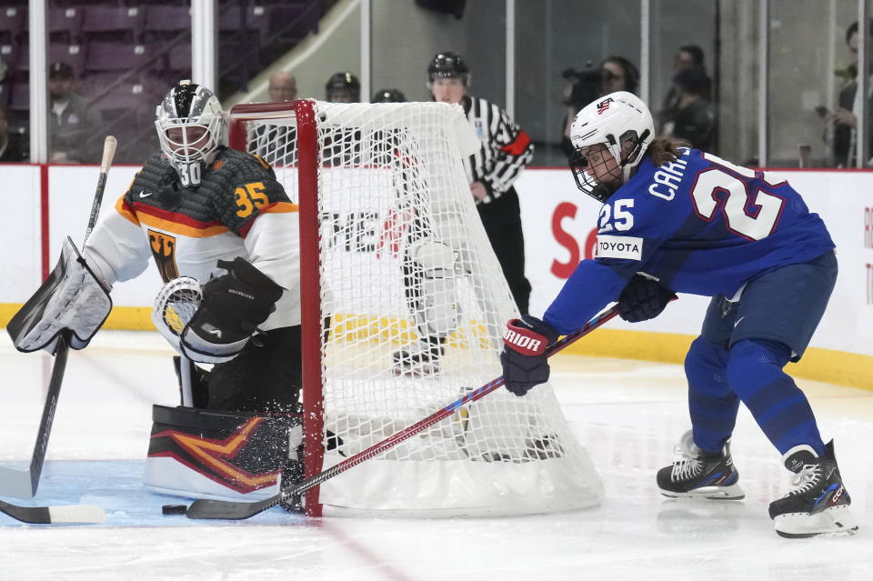 USA forward Alex Carpenter (25) tries for a wraparound against Germany goaltender Sandra Abstreiter (35) during the first period of a quarterfinal match at the Women's World Hockey Championships in Brampton, Ontario, Thursday, April 13, 2023. (Nathan Denette/The Canadian Press via AP)