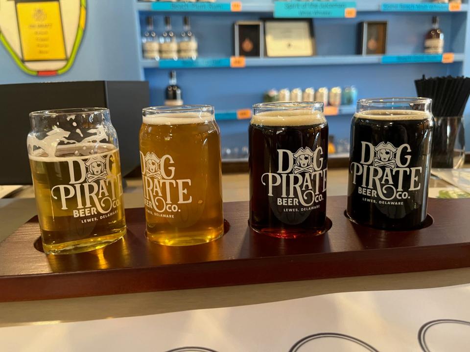 A taster flight at Dog Pirate Brewing in Nassau, Delaware. Greg Christmas opened Dog Pirate in the same tasting room as his other business, Beach Time Distilling.