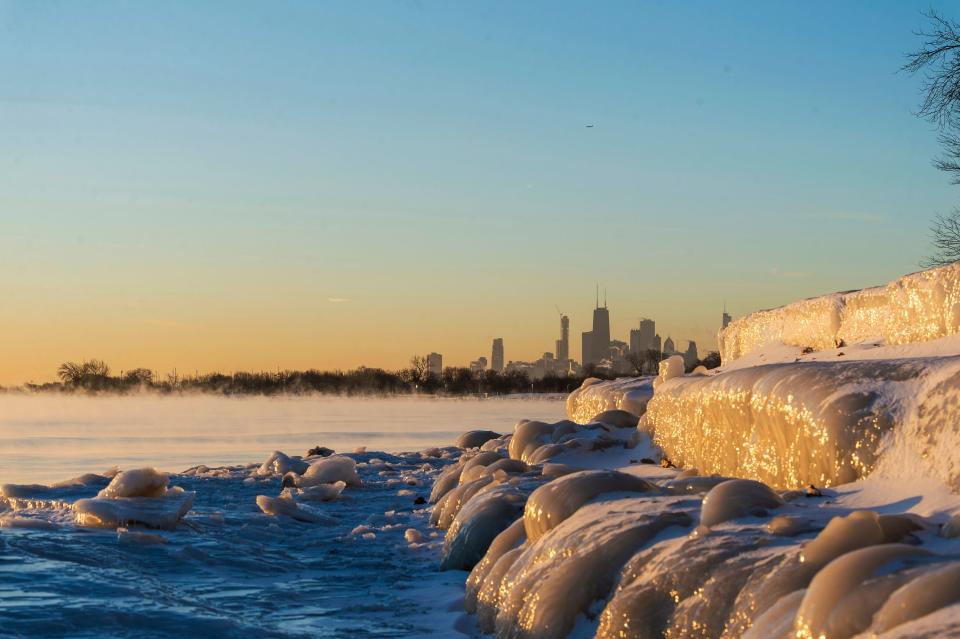 Chicago's lakefront is frozen over Friday, Jan. 25, 2019.  Another Arctic blast will freeze the upper Midwest next week.