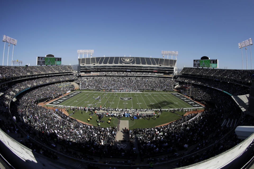 FILE - This Nov. 3, 2019, file photo, shows a general view of RingCentral Coliseum during the first half of an NFL football game between the Oakland Raiders and the Detroit Lions in Oakland, Calif. The Raiders' final scheduled game in Oakland on Sunday, Dec. 15, 2019, will be an emotional one for players and coaches, as well as fans. (AP Photo/Jeff Chiu, File)