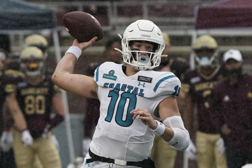 Coastal Carolina's Grayson McCall (10) throws during the first half of an NCAA college football game against Texas State in San Marcos, Texas, Saturday, Nov. 28, 2020. (AP Photo/Chuck Burton)