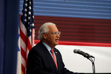 FILE PHOTO: U.S. Ambassador to Israel David Friedman speaks during the dedication ceremony of the new U.S. embassy in Jerusalem, May 14, 2018. REUTERS/Ronen Zvulun/File Photo