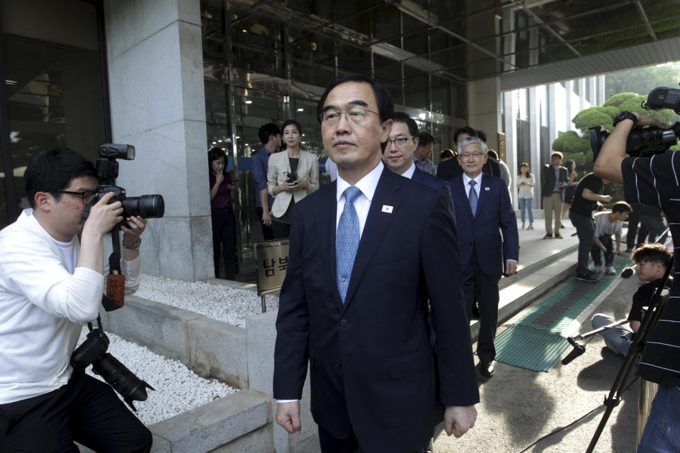 South Korean Unification Minister Cho Myoung-gyon leaves for the border village of Panmunjom to attend a meeting between South and North Korea, at the Office of the South Korea-North Korea Dialogue in Seoul, South Korea, Monday, Aug. 13, 2018. (AP Photo/Ahn Young-joon)