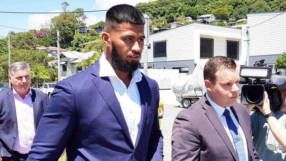 Payne Haas is seen here outside court after being charged with intimidating police. Pic: AAP