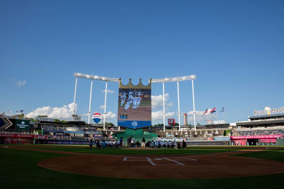 Players, coaches and staff from the Kansas City Royals’ 2014 American League championship team were honored during a pre-game ceremony at Kauffman Stadium on Friday, May 17, 2024.