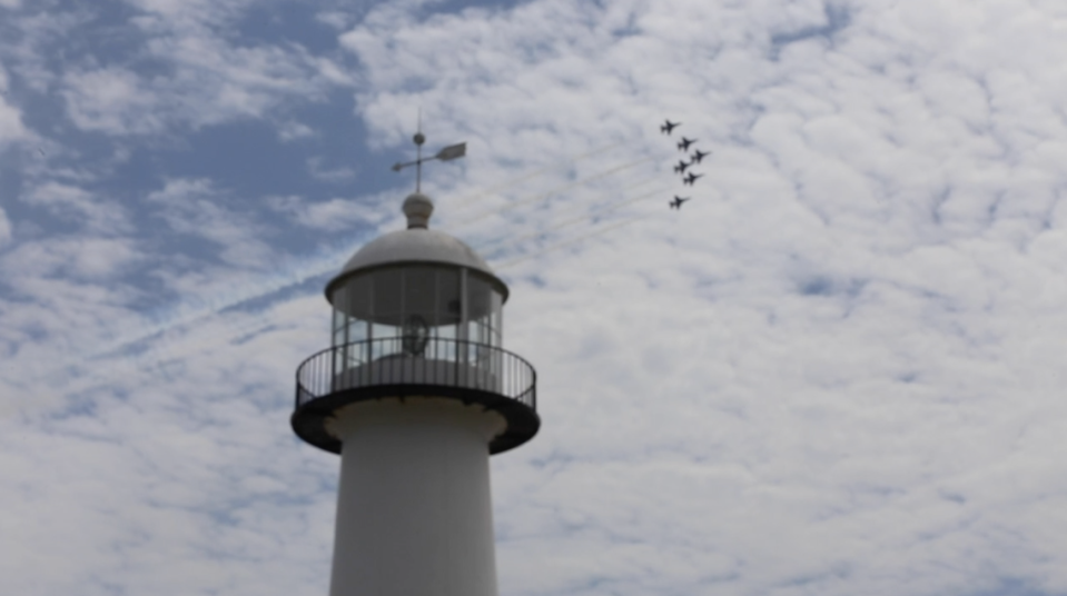 The U.S. Air Force Thunderbirds fly over the Mississippi Sound behind the iconic Biloxi Lighthouse during a practice session in 2019. They return to Biloxi April 29-30.