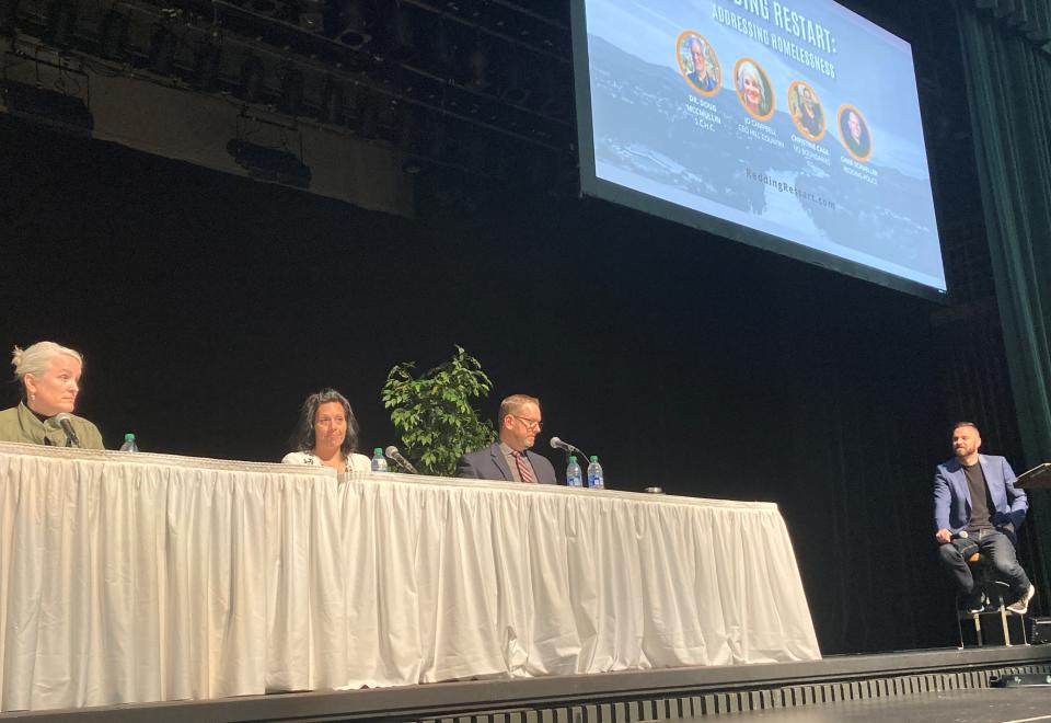 Left to right, Hill Country CEO Jo Campbell, Christine Cage of No Boundaries and Redding Police Chief Bill Schueller were among the panel members at the Friday, March 3, homeless forum. Good News Rescue Mission Executive Director Jonathan Anderson moderated the panel.