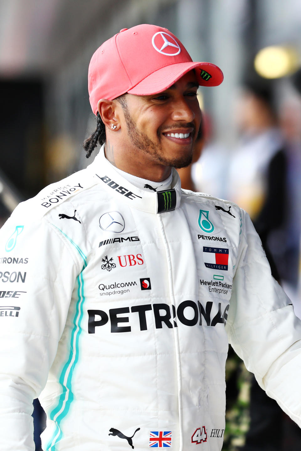 NORTHAMPTON, ENGLAND - JULY 13: Second place qualifier Lewis Hamilton of Great Britain and Mercedes GP looks on in parc ferme during qualifying for the F1 Grand Prix of Great Britain at Silverstone on July 13, 2019 in Northampton, England. (Photo by Mark Thompson/Getty Images)