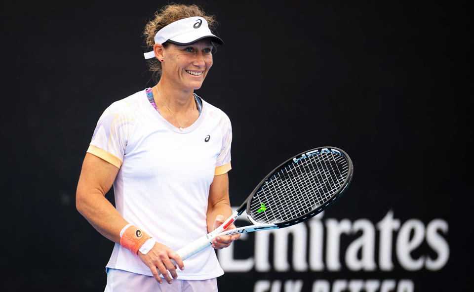 Sam Stosur, pictured here during practice ahead of the Australian Open at Melbourne Park.