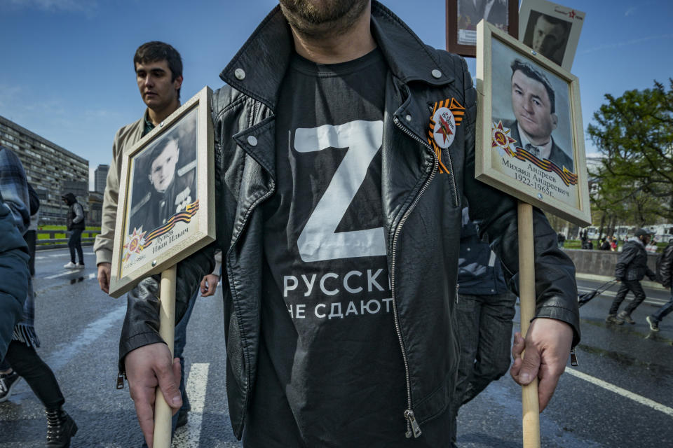 A man with the 'Z' symbol on his shirt, pictured here in Moscow.