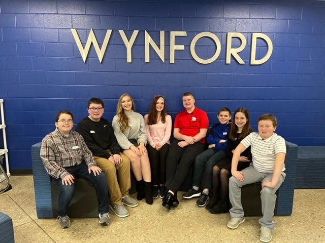 Wynford students advancing to the district science fair are: (L to R) Tyler Rexroad, fifth grade; Brock Saam, eighth grade; Natalie Stover, senior; Haley Thompson, freshman; Jacob Jennings, freshman; Brennen Westrick, seventh grade; Megan Young, sixth grade; and Chase Smith, sixth grade.