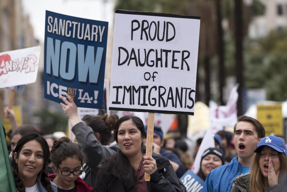 Protesters at a pro-immigration rally in Los Angeles, on Feb. 18, 2017. Organizers called for a stop to ICE raids and deportations of illegal immigrants and to officially establish LA as a sanctuary city.&nbsp; (Photo: NurPhoto via Getty Images)