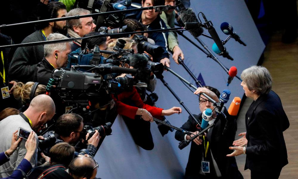 Britain’s prime minister, Theresa May, speaks to the media at the EU summit in Brussels.