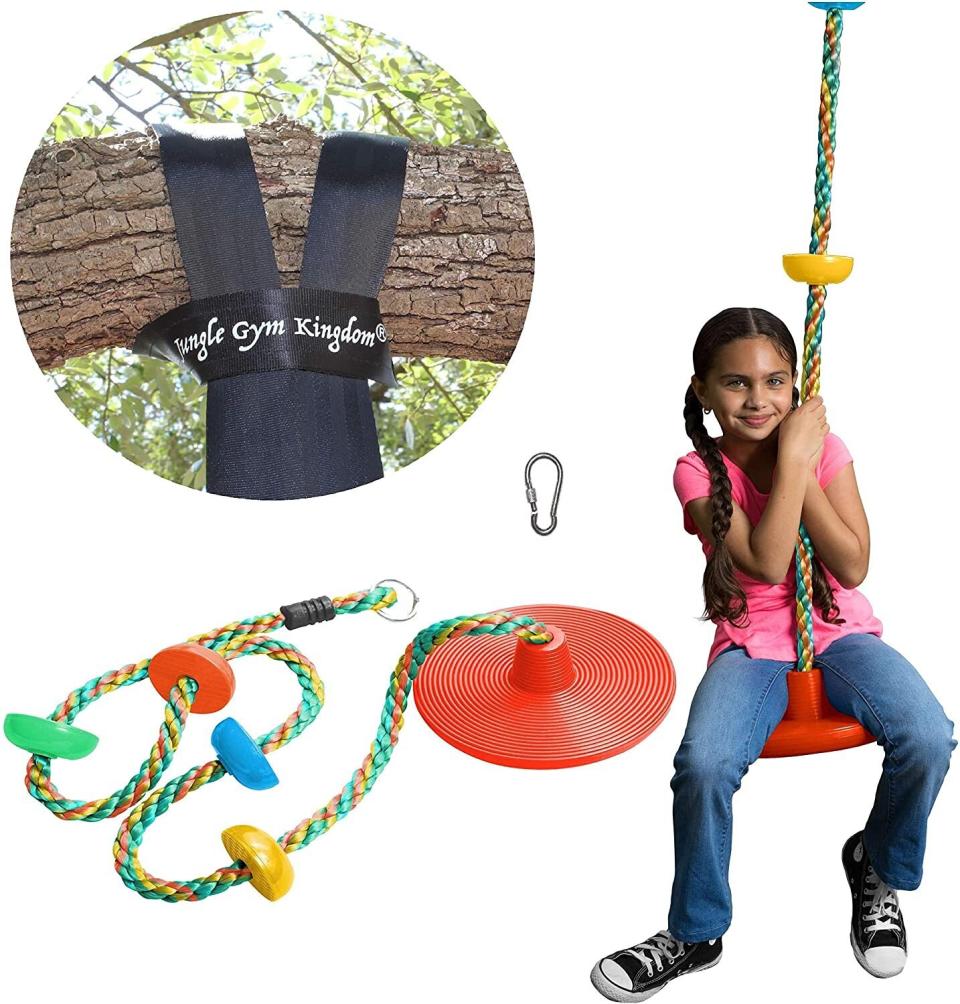 Find this adjustable <a href="https://amzn.to/3e1F9q1" target="_blank" rel="noopener noreferrer">Jungle Gym Kingdom Tree Swing</a> that easily attaches to tree limbs for $43 on <a href="https://amzn.to/3e1F9q1" target="_blank" rel="noopener noreferrer">Amazon</a>.