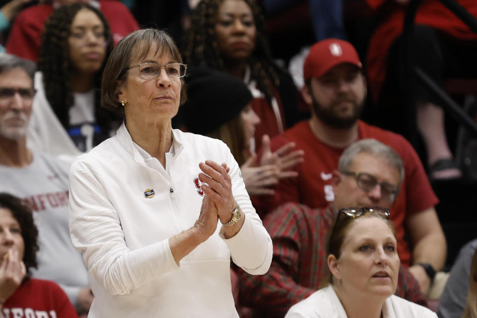 Stanford coach Tara VanDerveer reacts on the sideline during the second half of the team's first-round college basketball game against Sacred Heart in the women's NCAA Tournament in Stanford, Calif., Friday, March 17, 2023. (AP Photo/Josie Lepe)