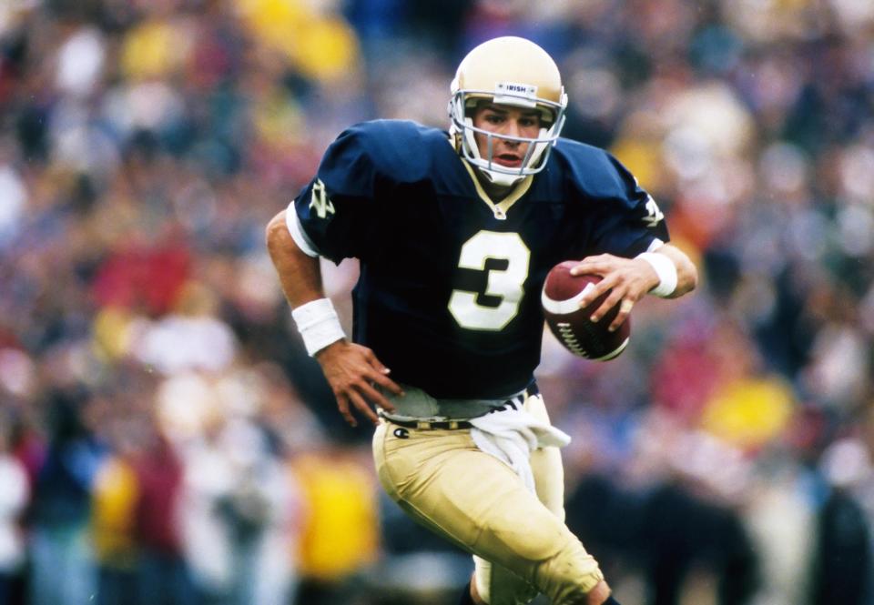 Oct 21, 1995; South Bend, IN, USA; FILE PHOTO; Notre Dame Fighting Irish quarterback Ron Powlus (3) running in action against the Southern California Travelers at Notre Dame Stadium. USA TODAY Sports