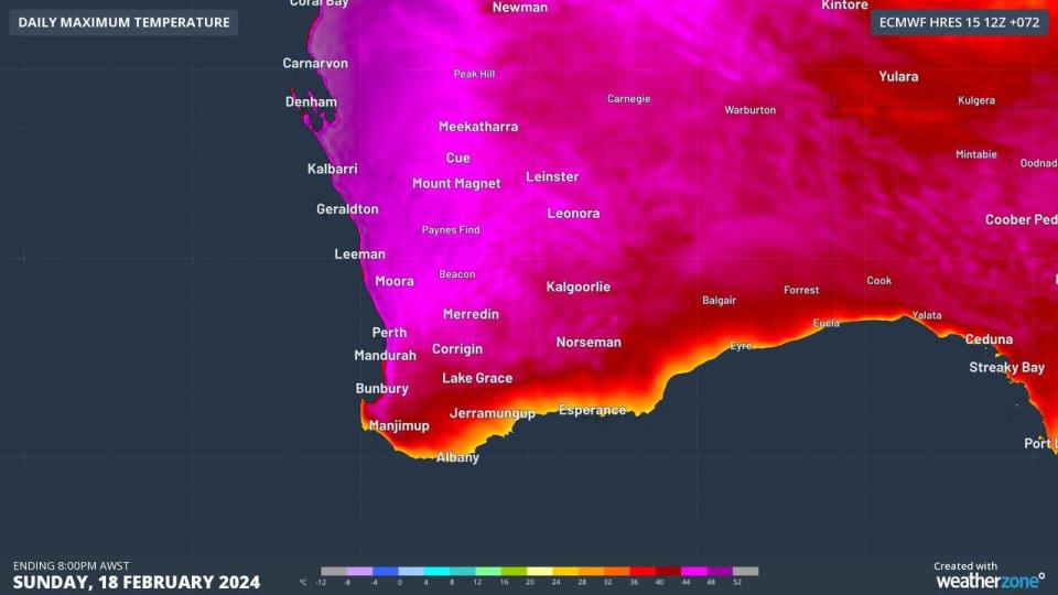 Temperatures forecast for February 18 in WA, one of their hottest days this year. Picture: Weatherzone