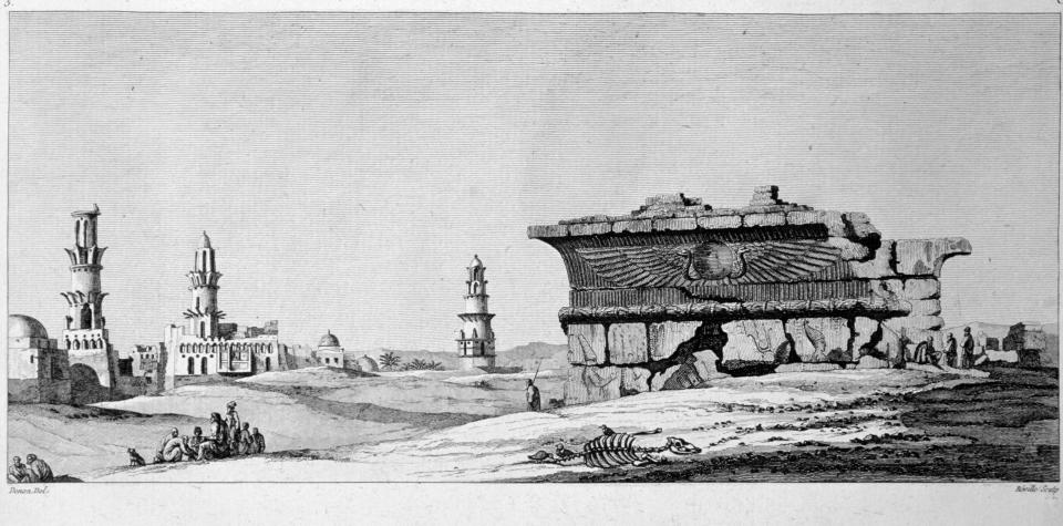 Drawing of the Edfu Temple in Egypt by Vivant Denon showing cracks in the structure and larger towers in the background