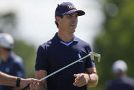 Billy Horschel reacts after making his putt on the ninth green during the first round of the PGA Zurich Classic golf tournament at TPC Louisiana in Avondale, La., Thursday, April 25, 2024. (AP Photo/Gerald Herbert)