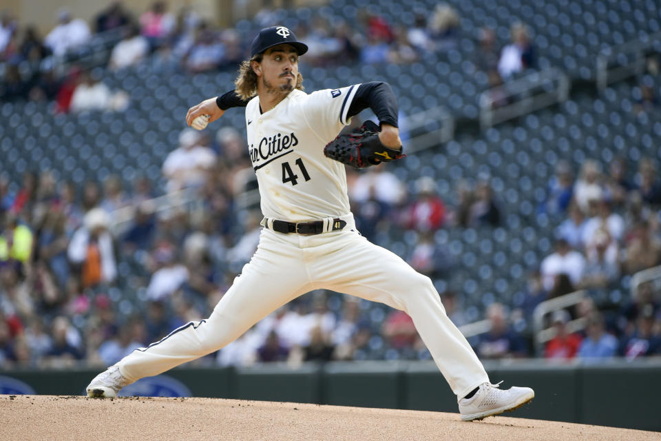 Minnesota Twins pitcher Joe Ryan throws against the Los Angeles Angels during the first inning of a baseball game Sunday, Sept. 24, 2023, in Minneapolis. (AP Photo/Craig Lassig)