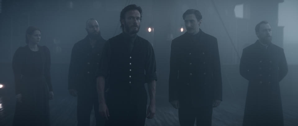 Maura Franklin (Emily Beecham), Franz (Isaak Dentler), Eyk Larsen (Andreas Pietschmann), Wilhelm (Niklas Maienschein) and Sebastian (Tino Mewes) in 1899 (Netflix)