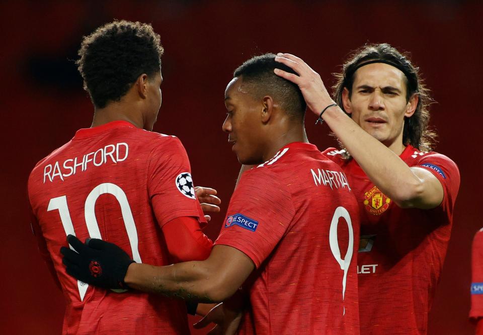 <p>Martial and Cavani celebrate with Rashford</p>Reuters