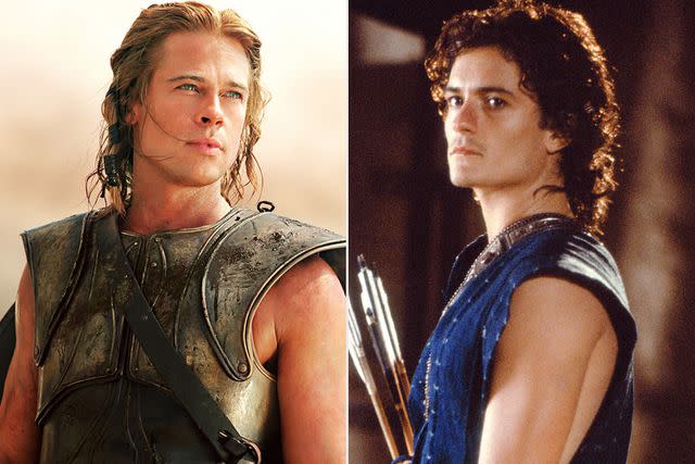 <p>Warner Bros. (2)</p> Brad Pitt (L) and Orlando Bloom in <em>Troy</em> (2004)