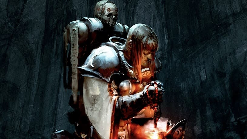  Warhammer 40k art of a Battle Sister kneeling in prayer. 