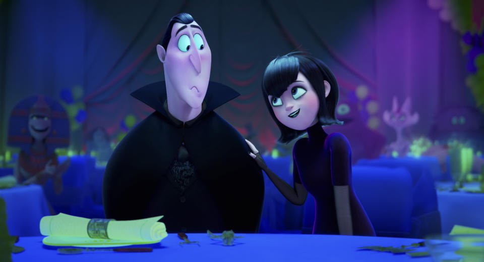 This image released by Sony Pictures Animation shows Dracula, voiced by Brian Hull, left, and Mavis, voiced by Selena Gomez in the animated film "Hotel Transylvania: Transformania." (Sony Pictures Animation via AP)