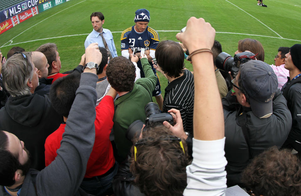 CARSON, CA - NOVEMBER 19: David Beckham #23 of the LA Galaxy gives interviews following a training session ahead of the MLS Cup at The Home Depot Center on November 19, 2011 in Carson, California. (Photo by Stephen Dunn/Getty Images)