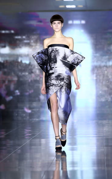 Mary Katrozanou presented a range of structured digital print dresses.