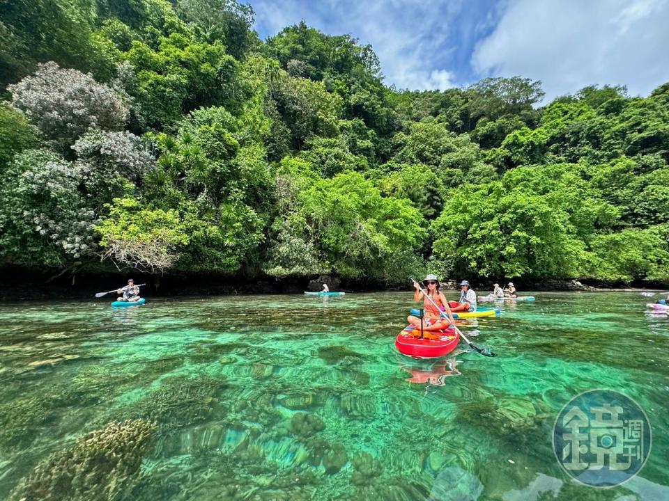 在帛琉潔淨清澈見底的海域體驗SUP，除了感受水上之美，在適合的區域還能直接下水浮潛。 