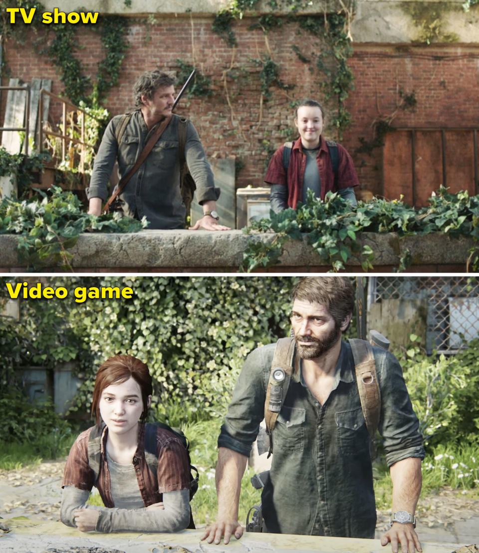 Side-by-side screenshots from "The Last of Us" movie and game