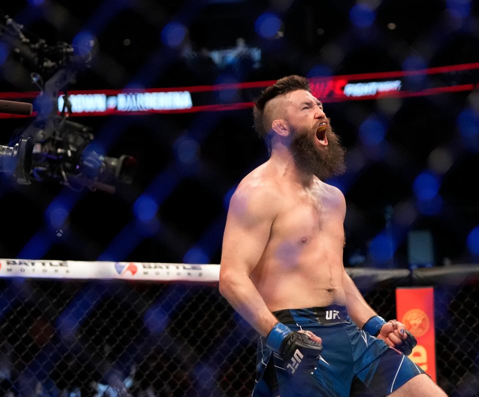 Bryan Barberena celebrates after defeating Matt Brown by split decision in a three-round welterweight bout during UFC Fight Night at Nationwide Arena in Columbus on Saturday. h