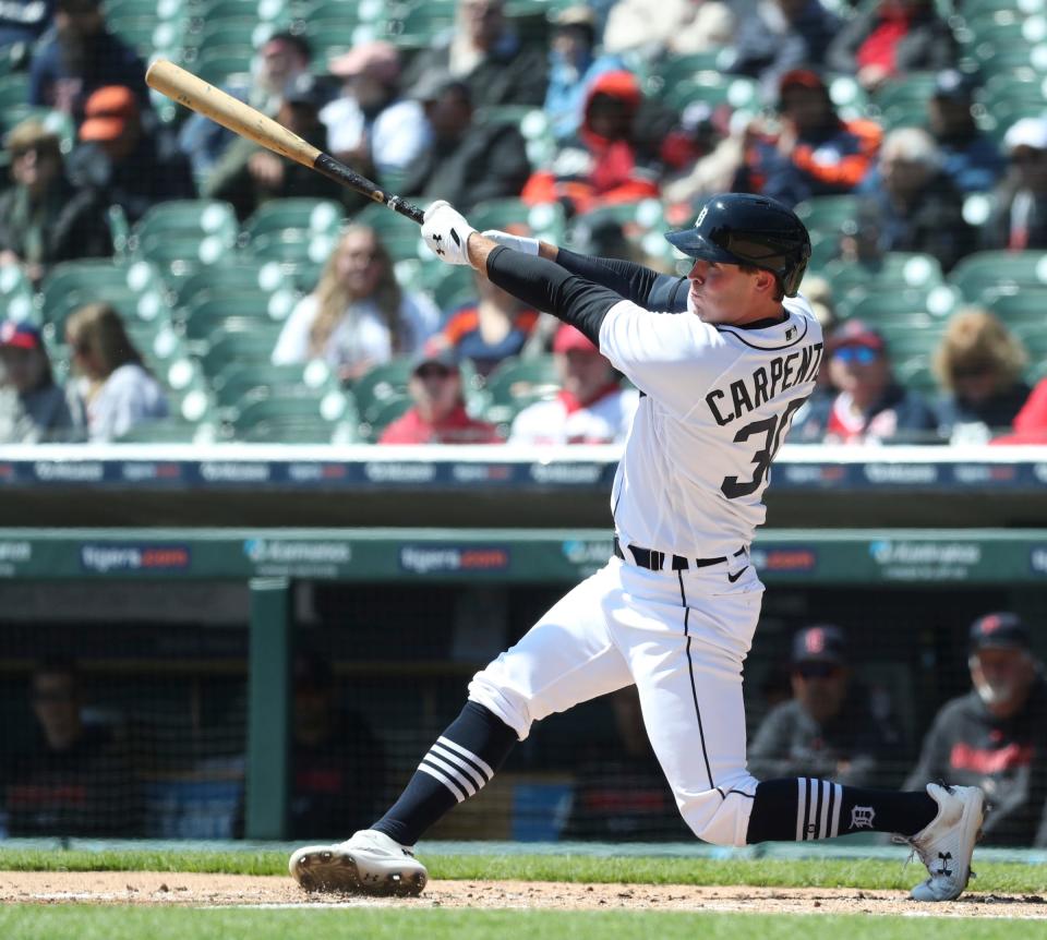 Detroit Tigers left fielder Kerry Carpenter (30) bats against Cleveland Guardians starting pitcher Cal Quantrill (not pictured) during second-inning action at Comerica Park in Detroit on Wednesday, April 19, 2023.